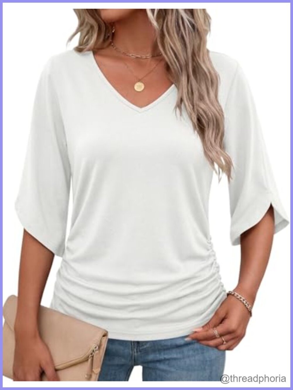 Women's 3/4 Bell Sleeve V Neck Ruched Top Dressy Casual Work Blouse